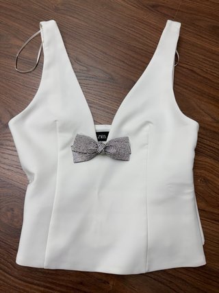 Top Zara Blanco Talla XS Lazo Brillante