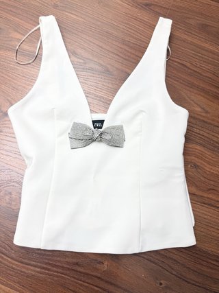 Top Zara Blanco Talla XS Lazo Brillante