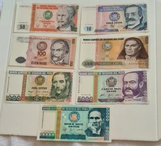 Lotto 5 banconote Perù 10/10000 Intis UNC FDS