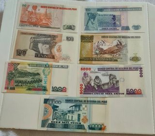 Lotto 5 banconote Perù 10/10000 Intis UNC FDS