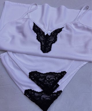 Conjunto Pijama Avon Blanco Encaje Negro Talla M