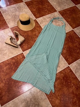 Vestido largo Lefties lunares verde y blanco