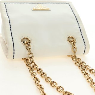 PRADA Chain Shoulder Bag Nylon White Gold Auth