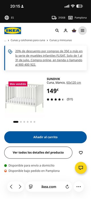 Cuna bebé con colchón espuma