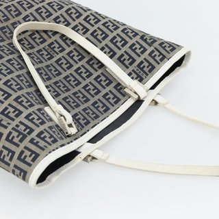 FENDI Zucchino Canvas Hand Bag Navy Silver Auth