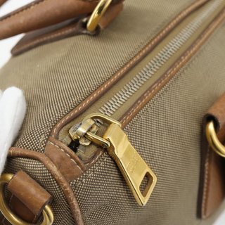 PRADA Hand Bag Canvas Leather Brown Gold Auth