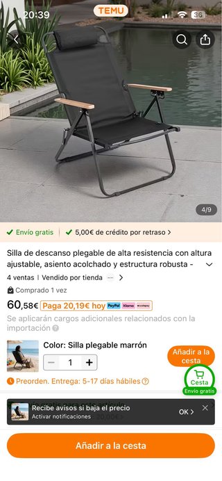 Silla plegable camping cómoda