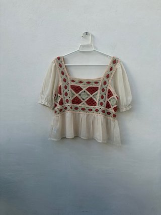 Blusa Boho Talla Única Beige y Rojo