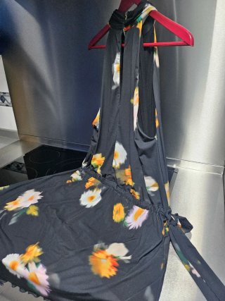 Vestido Desigual nuevo Negro Multicolor Flores