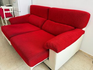 Divano a 3 posti in tessuto e pelle rosso/bianco