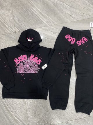 Conjunto Sp5der Hoodie y Pantalón Negro Rosa