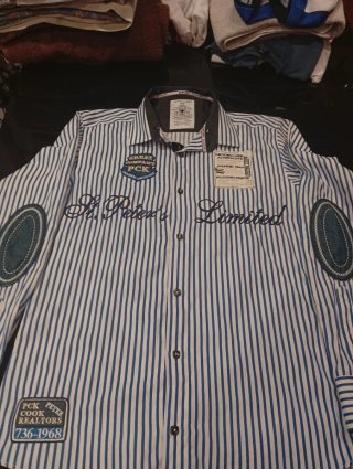 Camisa Peter Cook rayas, parches, bordados, codera