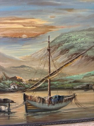 Quadro Dipinto ad Olio Barca e Paese