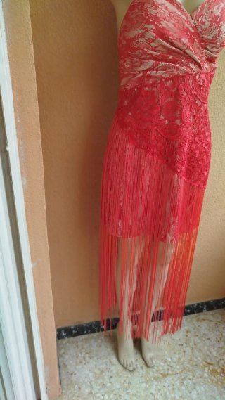 Vestido de fiesta con flecos y encaje Talla XL