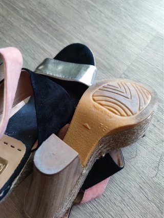 Sandalias Kanna tacón cuña esparto rosa y dorado