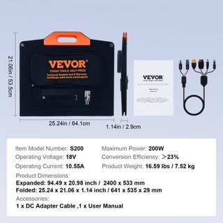 Panel Solar Monocristalino Portátil, Cargador Solar Plegable Monocristalino ETFE de 200W, Panel Solar con Eficiencia del 23% y Salida MC4, Impermeable IP67 para Estaciones de Energía, Camping, Sen...