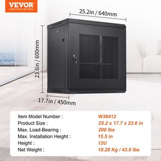 Gabinete di Server di Rete a Parete da 12U, 39,4 cm/15,5" di Profondità, Enclosure per Rack di Server, Capacità di Carico Max Montata a Terra 90kg/200 lbs, con Porta Blocco...
