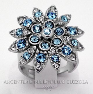 Anello Argento 925 Regolabile Fiori Azzurri Nuovo