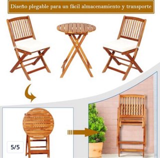 Mesa redonda y 2 sillas plegables madera