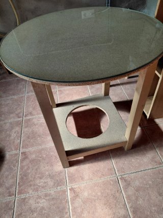 Mesa redonda madera y cristal + mesa auxiliar