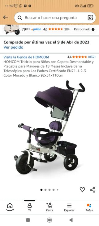 Triciclo infantil evolutivo con capota Homcom