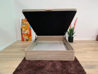 Canapé abatible madera y tela beige/blanco