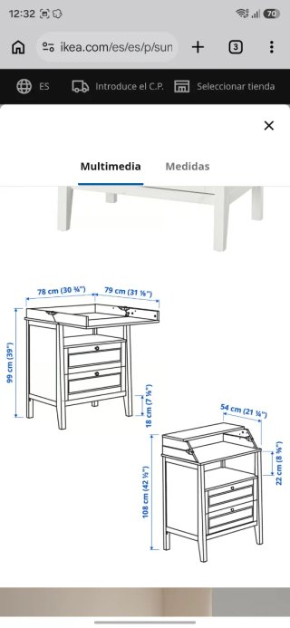 Cómoda cambiador blanco IKEA SUNDVIK 78x79x99cm