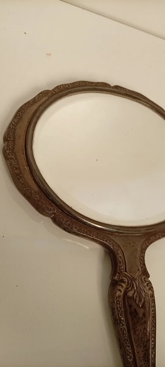 ESPEJO DE MANO VINTAGE MARCO DE BRONCE Y CRISTAL