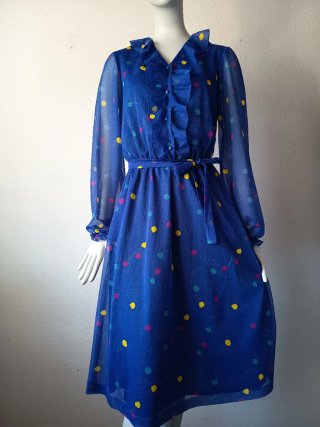 Vestido vintage azul con estampado multicolor