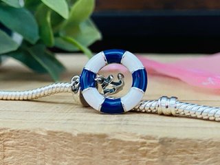 Charm Salvavidas Ancla Náutico Azul Blanco - Plata