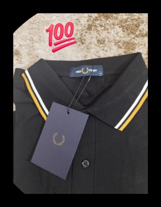 Polo Fred Perry L Preto Risca Amarelo Branco