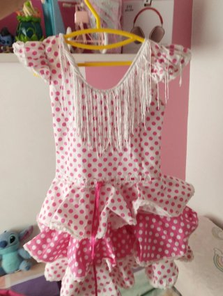 Vestido Flamenca Lunares Rosa y Blanco