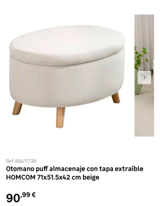 Puf blanco de tela con patas de madera