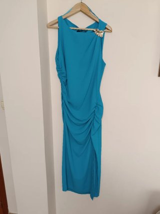 Vestido Zara Midi Drapeado aplique Dorado