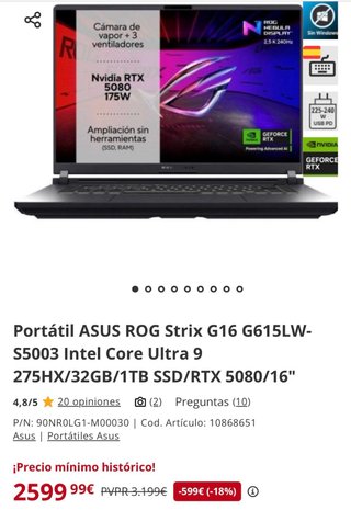 Portátil ASUS ROG Strix G16 RTX 5080 ULTRA 9 275HX