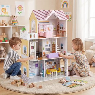 Casa de muñecas de madera de 3 pisos DIY con 16 ac