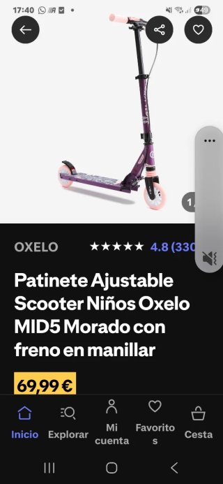 Patinete Oxelo MID5 Morado Niños
