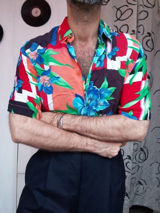 Camicia Vintage 90s Floreale Manica Corta seta blu