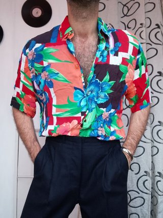Camicia Vintage 90s Floreale Manica Corta seta blu