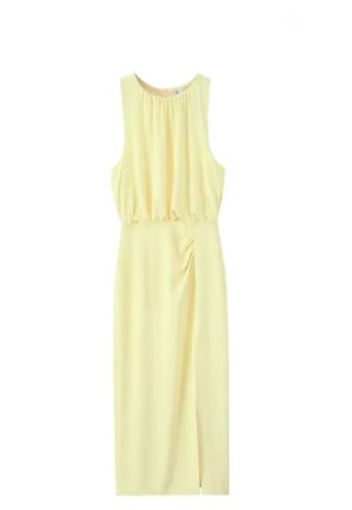 Vestido amarillo midi con drapeado