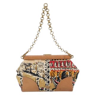 PRADA Chain Shoulder Bag Canvas Brown Gold Auth