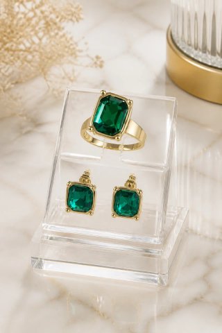 Conjunto Anillo y Pendientes Esmeralda Oro