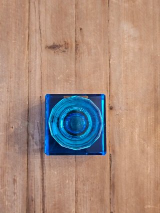 Tintero Antiguo Cristal Azul Tapa Abatible