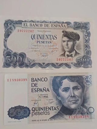 2 Billetes 500 Pesetas y Moneda 500 Pesetas