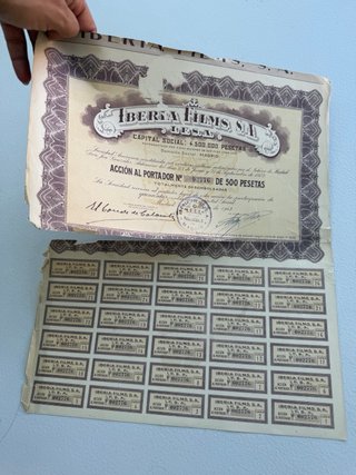 Acciones Iberia Films S.A. 1943 30€ la unidad.