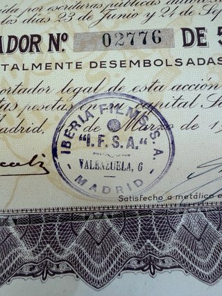 Acciones Iberia Films S.A. 1943 30€ la unidad.