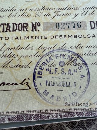Acciones Iberia Films S.A. 1943 30€ la unidad.