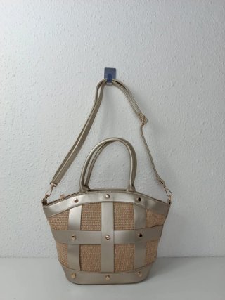 Capazo Rafia Beige y Plateado