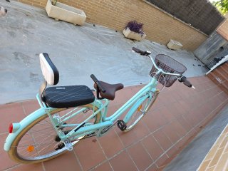 Bicicleta da passeggio verde azzurro con cestino e sellino