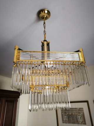 Lámpara colgante cristal y metal dorado. Vintage